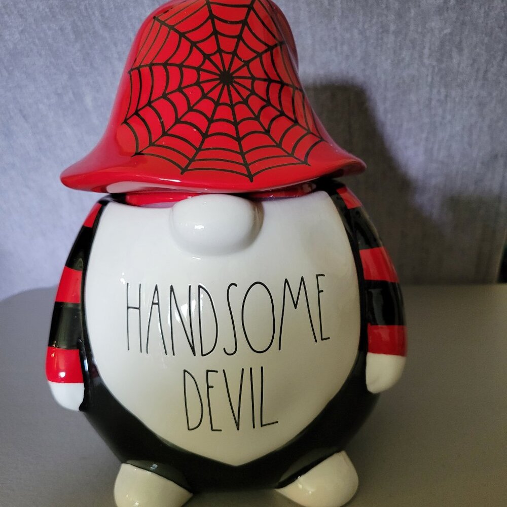 Rae Dunn Handsome Devil Gnome Ceramic Canister Black & Red Cookie Jar NEW